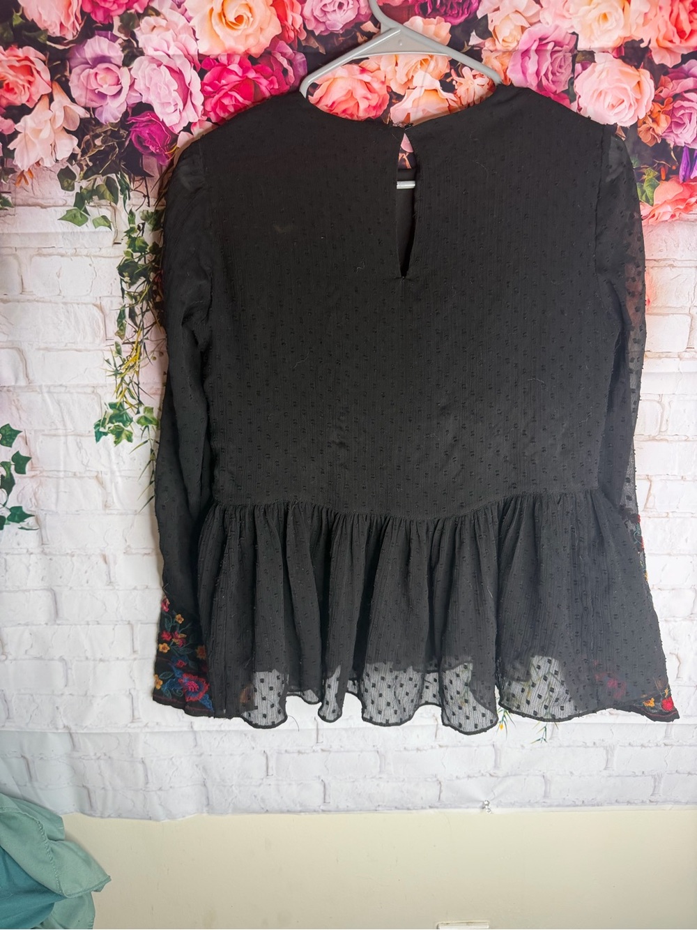 Zara Trafaluc Collection Black Floral Embroidered Swiss Dot Peplum Blouse - Picture 7 of 8